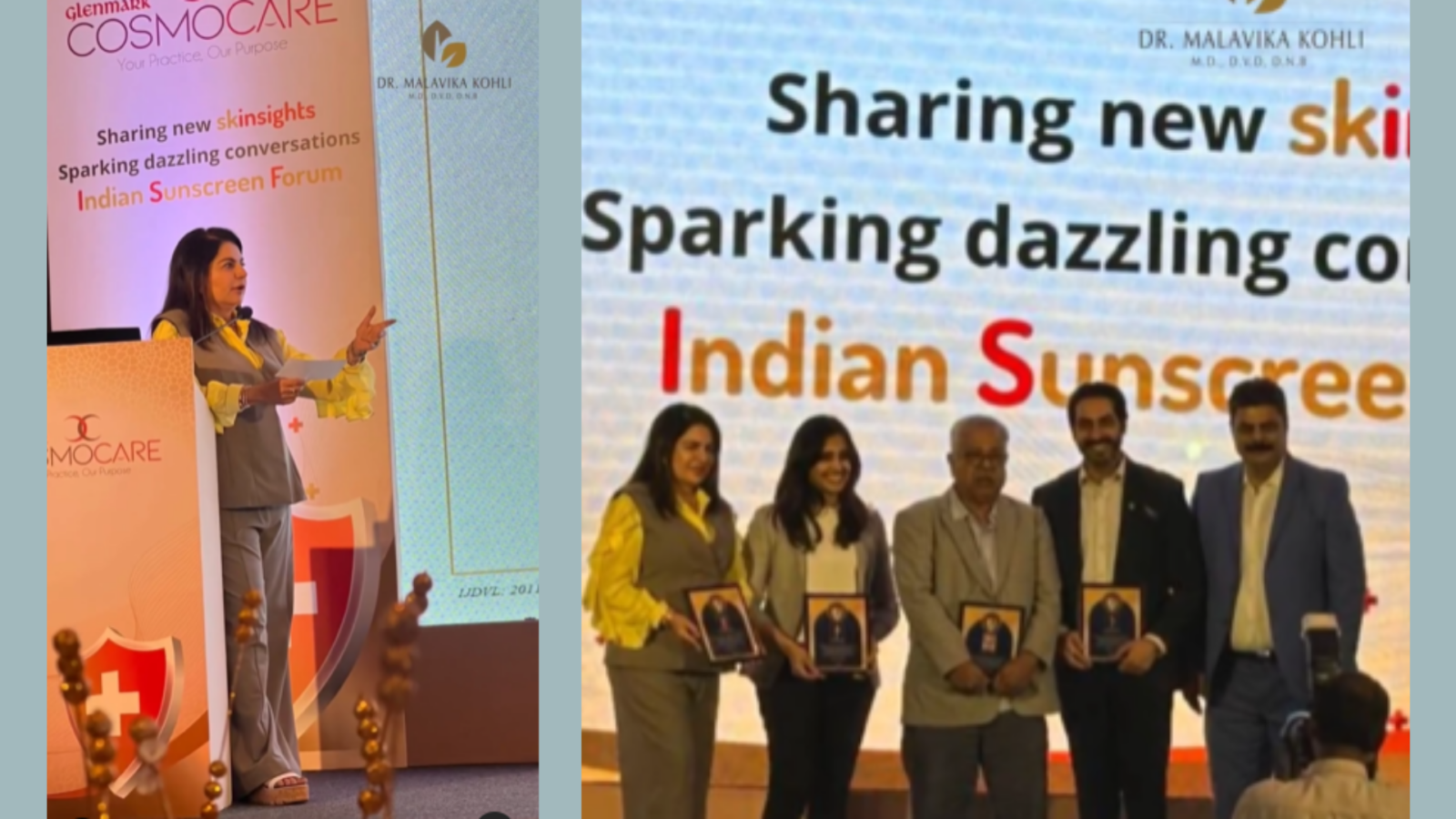 A smiling Dr. Malavika Kohli speaking at the launch event of the Indian Sunscreen Forum, holding a microphone, with a presentation screen behind her.