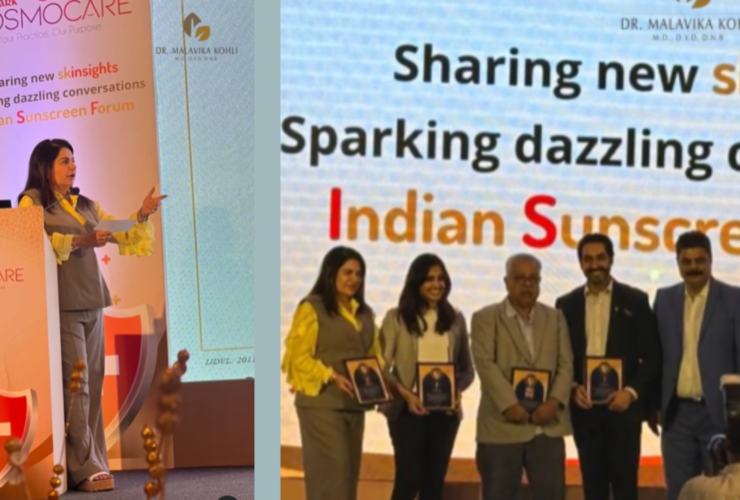 A smiling Dr. Malavika Kohli speaking at the launch event of the Indian Sunscreen Forum, holding a microphone, with a presentation screen behind her.