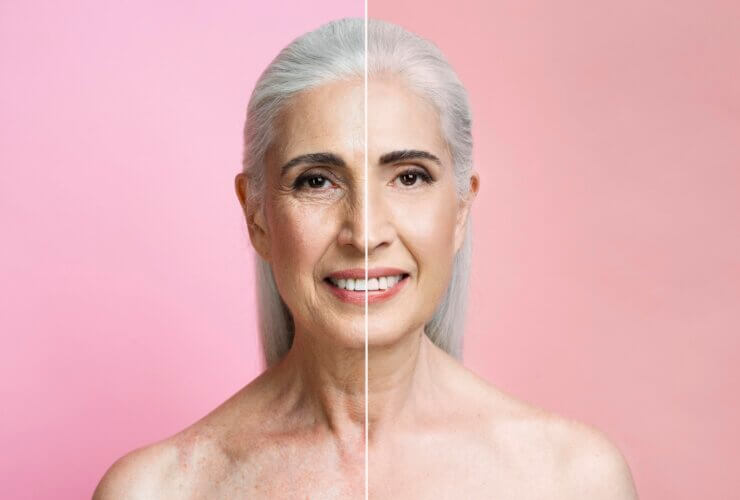 Before and after portrait of a mature woman showing the effects of minimally invasive cosmetic procedures on facial ageing.