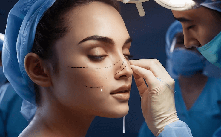 Rhinoplasty nose surgery side view of a young woman with perfect skin