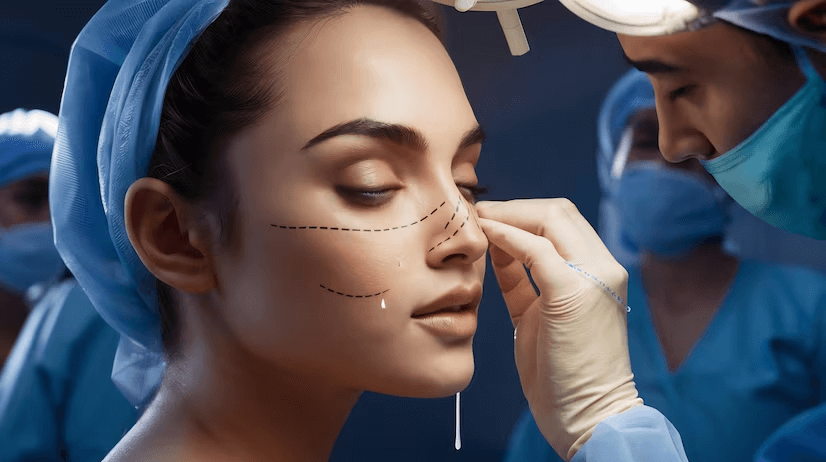 Rhinoplasty nose surgery side view of a young woman with perfect skin